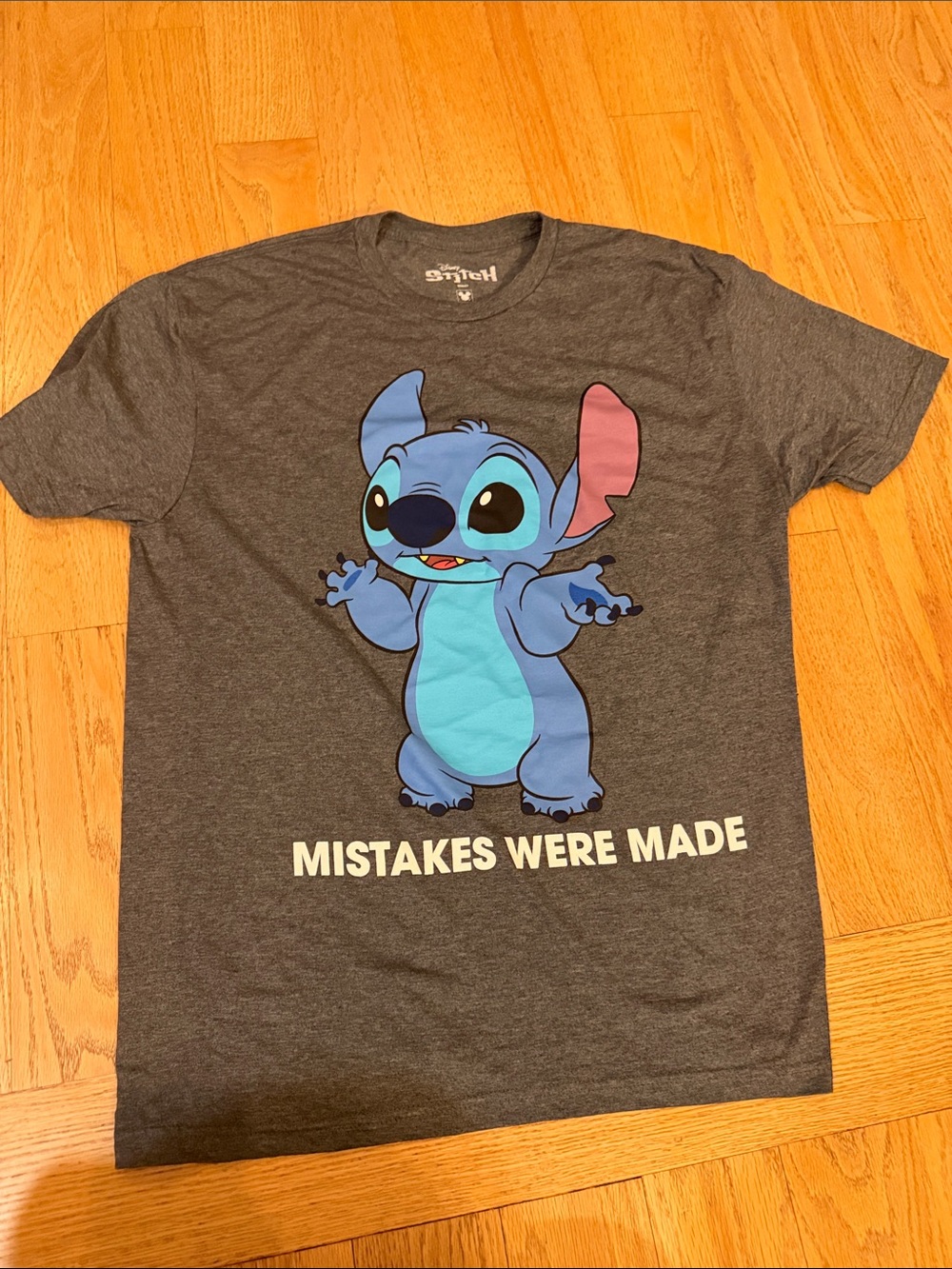 Disney Gray Short Sleeve Tee with Blue & Pink Stitch Graphic